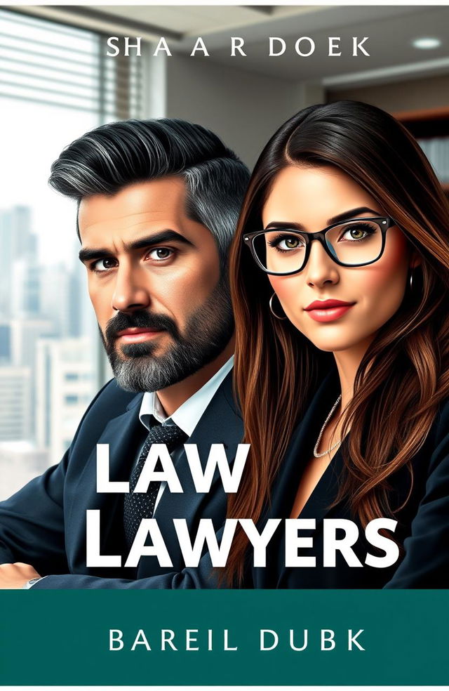 A cover design for a book featuring a man and a woman who are both lawyers in a professional office setting