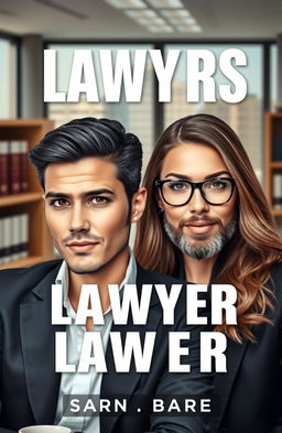 A cover design for a book featuring a man and a woman who are both lawyers in a professional office setting