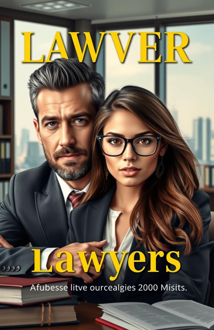 A cover design for a book featuring a man and a woman who are both lawyers in a professional office setting