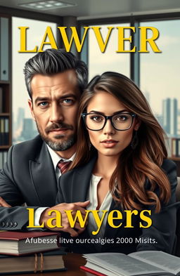 A cover design for a book featuring a man and a woman who are both lawyers in a professional office setting