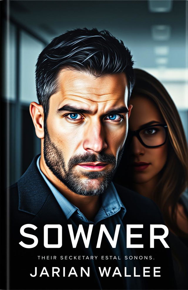 A book cover featuring a strong, charismatic man with short black hair accented with a few gray strands, deep blue eyes, and a well-groomed beard showcasing a strong jawline and masculinity