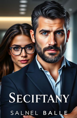 A book cover featuring a strong, charismatic man with short black hair accented with a few gray strands, deep blue eyes, and a well-groomed beard showcasing a strong jawline and masculinity