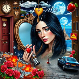 A stunning young woman with beautiful black hair and crystal blue eyes, crying softly as she gazes into a heart-shaped mirror, set against a backdrop of a dreamy, psychedelic world inspired by Salvador Dali