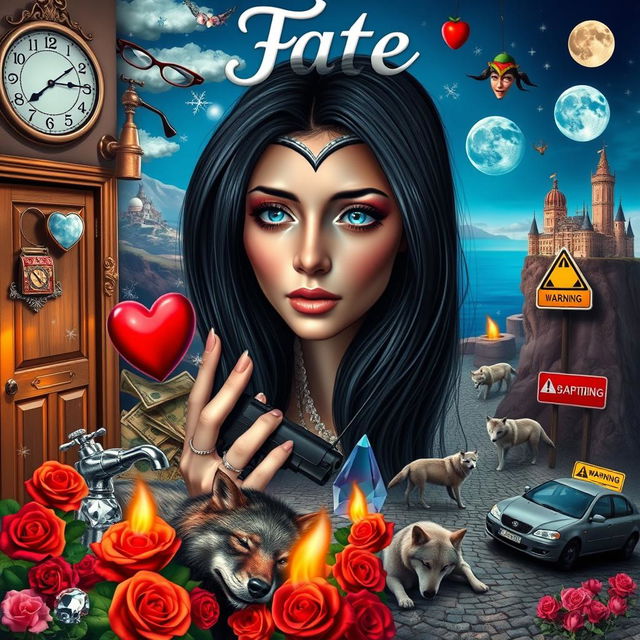 A stunning young woman with beautiful black hair and crystal blue eyes, crying softly as she gazes into a heart-shaped mirror, set against a backdrop of a dreamy, psychedelic world inspired by Salvador Dali
