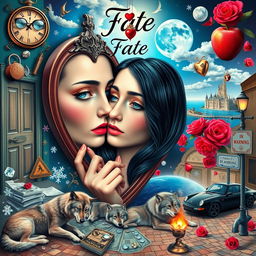 A stunning young woman with beautiful black hair and crystal blue eyes, crying softly as she gazes into a heart-shaped mirror, set against a backdrop of a dreamy, psychedelic world inspired by Salvador Dali