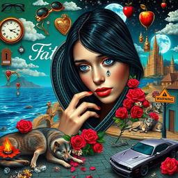 A stunning young woman with beautiful black hair and crystal blue eyes, crying softly as she gazes into a heart-shaped mirror, set against a backdrop of a dreamy, psychedelic world inspired by Salvador Dali