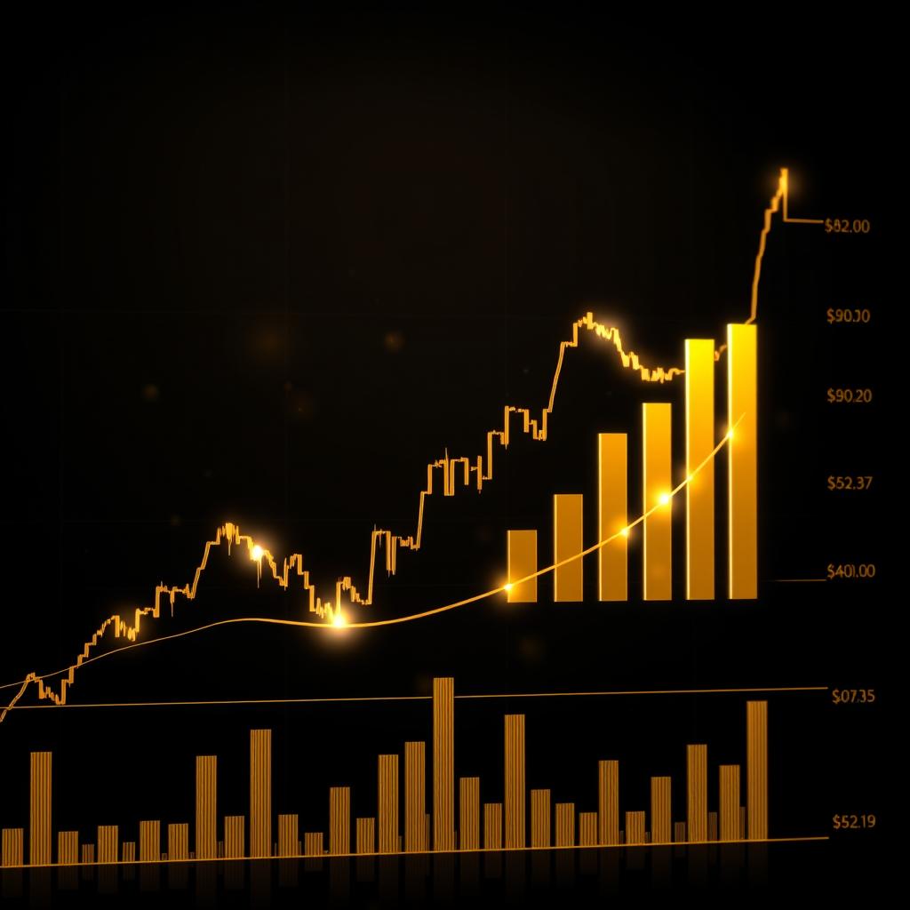 A gold and black themed chart of gold prices, showing intricate details of the price movements with elegant lines and bars