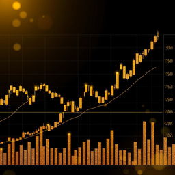 A gold and black themed chart of gold prices, showing intricate details of the price movements with elegant lines and bars