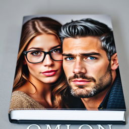 A captivating book cover featuring a handsome man with short, well-groomed black hair with a hint of gray, deep blue eyes, and a neatly trimmed beard