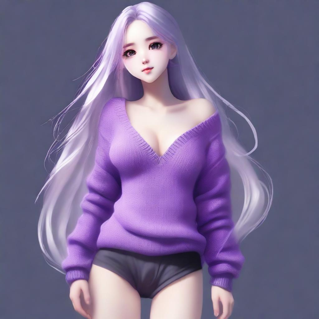 A full body, high-quality digital art image of a cute girl with long silver hair