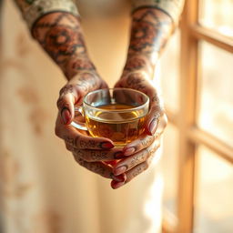 a close-up of a pair of elegant hands adorned with intricate henna designs, holding a delicate glass teacup, the background softly blurred to emphasize the hands, warm sunlight filtering through a window with a hint of floral patterns, highlighting the graceful fingers and artistic details of the henna