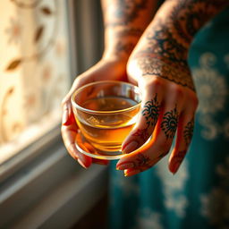 a close-up of a pair of elegant hands adorned with intricate henna designs, holding a delicate glass teacup, the background softly blurred to emphasize the hands, warm sunlight filtering through a window with a hint of floral patterns, highlighting the graceful fingers and artistic details of the henna
