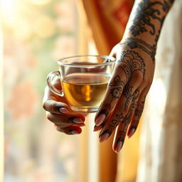 a close-up of a pair of elegant hands adorned with intricate henna designs, holding a delicate glass teacup, the background softly blurred to emphasize the hands, warm sunlight filtering through a window with a hint of floral patterns, highlighting the graceful fingers and artistic details of the henna
