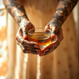 a close-up of a pair of elegant hands adorned with intricate henna designs, holding a delicate glass teacup, the background softly blurred to emphasize the hands, warm sunlight filtering through a window with a hint of floral patterns, highlighting the graceful fingers and artistic details of the henna