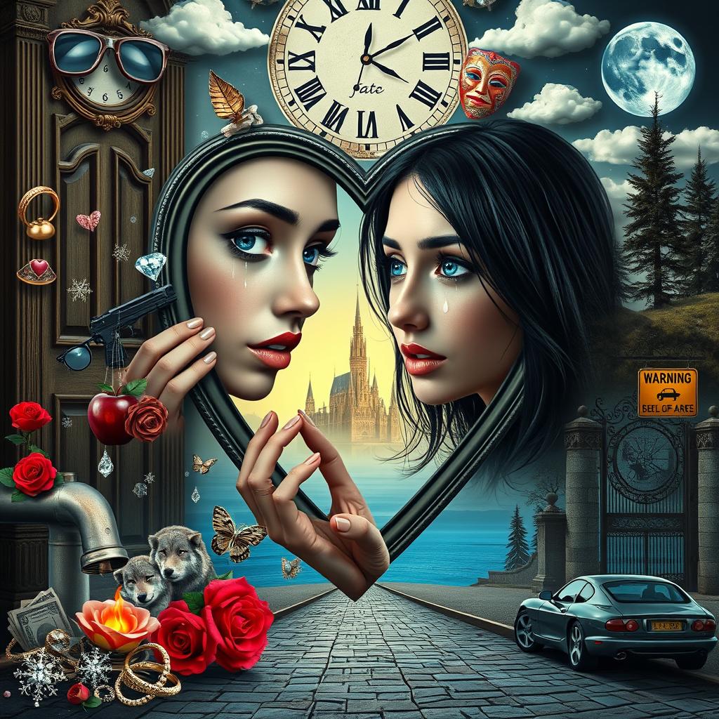 A beautiful, stunning young woman with black hair and crystal blue eyes, crying gently as she looks through a heart-shaped mirror