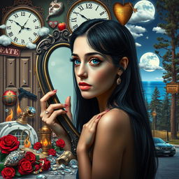 A beautiful, stunning young woman with black hair and crystal blue eyes, crying gently as she looks through a heart-shaped mirror