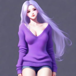 A full body, high-quality digital art image of a cute girl with long silver hair