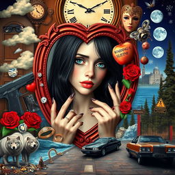 A beautiful, stunning young woman with black hair and crystal blue eyes, crying gently as she looks through a heart-shaped mirror