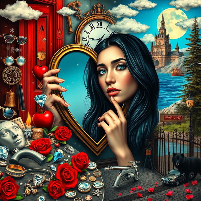 A beautiful, stunning young woman with black hair and crystal blue eyes, crying gently as she looks through a heart-shaped mirror