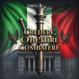 An artistic depiction of the symbolism of fascist Italy, prominently featuring the Roman fasces, an ancient symbol of power and authority