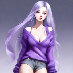 A full body, high-quality digital art image of a cute girl with long silver hair