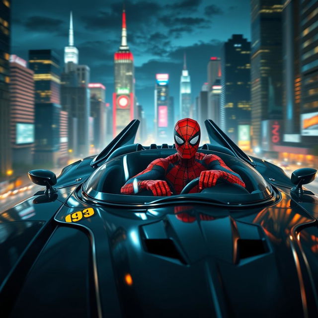 A dynamic scene featuring Spider-Man driving the iconic Batmobile, surrounded by a bustling cityscape at night