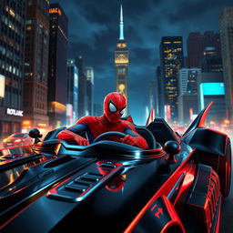 A dynamic scene featuring Spider-Man driving the iconic Batmobile, surrounded by a bustling cityscape at night