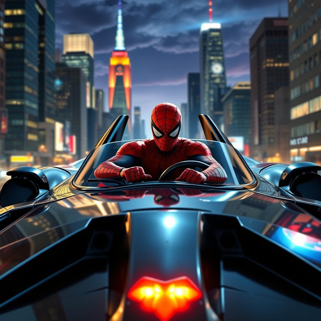 A dynamic scene featuring Spider-Man driving the iconic Batmobile, surrounded by a bustling cityscape at night