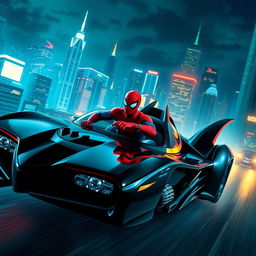 A dynamic scene featuring Spider-Man driving the iconic Batmobile, surrounded by a bustling cityscape at night