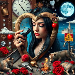 A beautiful, stunning young woman with black hair and crystal blue eyes, crying softly as she gazes into a heart-shaped mirror