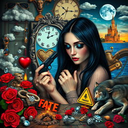 A beautiful, stunning young woman with black hair and crystal blue eyes, crying softly as she gazes into a heart-shaped mirror