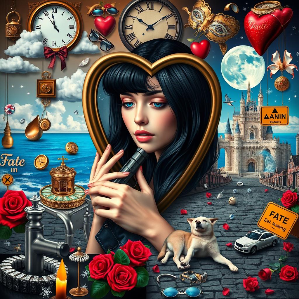 A beautiful, stunning young woman with black hair and crystal blue eyes, crying softly as she gazes into a heart-shaped mirror