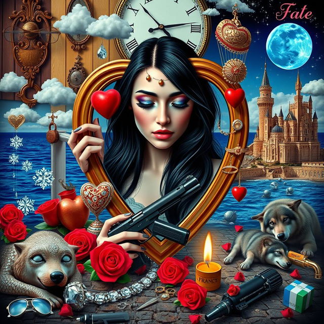 A beautiful, stunning young woman with black hair and crystal blue eyes, crying softly as she gazes into a heart-shaped mirror