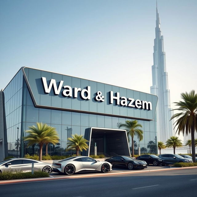 A futuristic car company building prominently displaying the names 'Ward' and 'Hazem' in modern typography