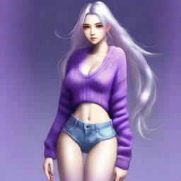 A full body, high-quality digital art image of a cute girl with long silver hair