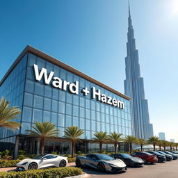 A futuristic car company building prominently displaying the names 'Ward' and 'Hazem' in modern typography