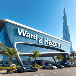 A futuristic car company building prominently displaying the names 'Ward' and 'Hazem' in modern typography