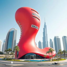 A surreal and artistic depiction of a building shaped like a male phallus, prominently featuring the name 'Hazem' inscribed on it