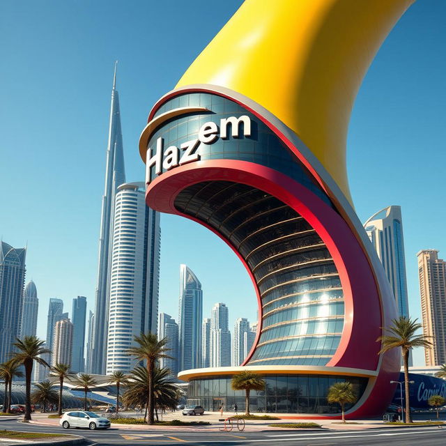 A surreal and artistic depiction of a building shaped like a male phallus, prominently featuring the name 'Hazem' inscribed on it