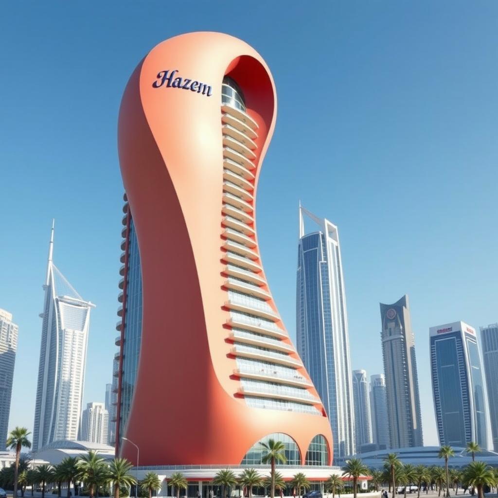 A surreal and artistic depiction of a building shaped like a male phallus, prominently featuring the name 'Hazem' inscribed on it