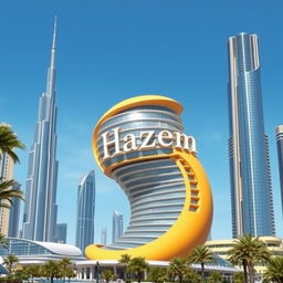 A surreal and artistic depiction of a building shaped like a male phallus, prominently featuring the name 'Hazem' inscribed on it