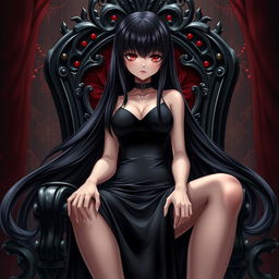 An enthralling light novel cover depicting a tall female character with long, glossy black hair that flows smoothly around her