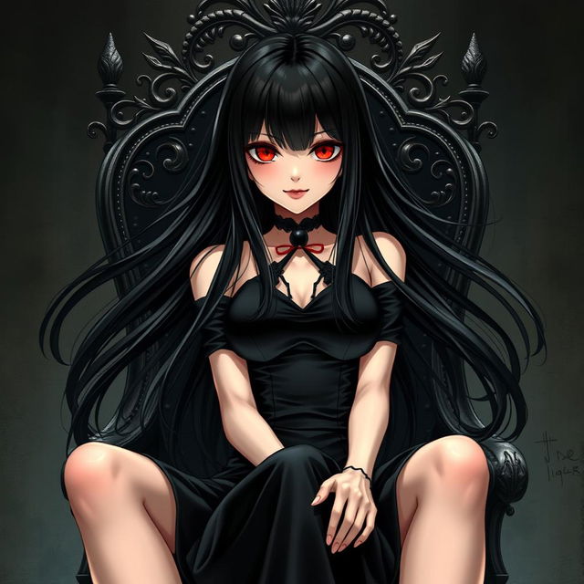 An enthralling light novel cover depicting a tall female character with long, glossy black hair that flows smoothly around her