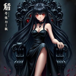 An enthralling light novel cover depicting a tall female character with long, glossy black hair that flows smoothly around her