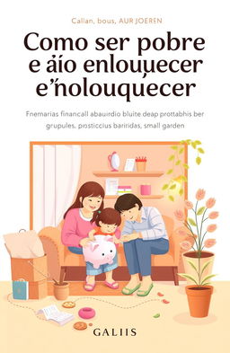 A visually striking graphic representation of the book title 'Como ser pobre e não enlouquecer', with an emphasis on themes of financial wisdom, family bonding, and prosperity despite low income