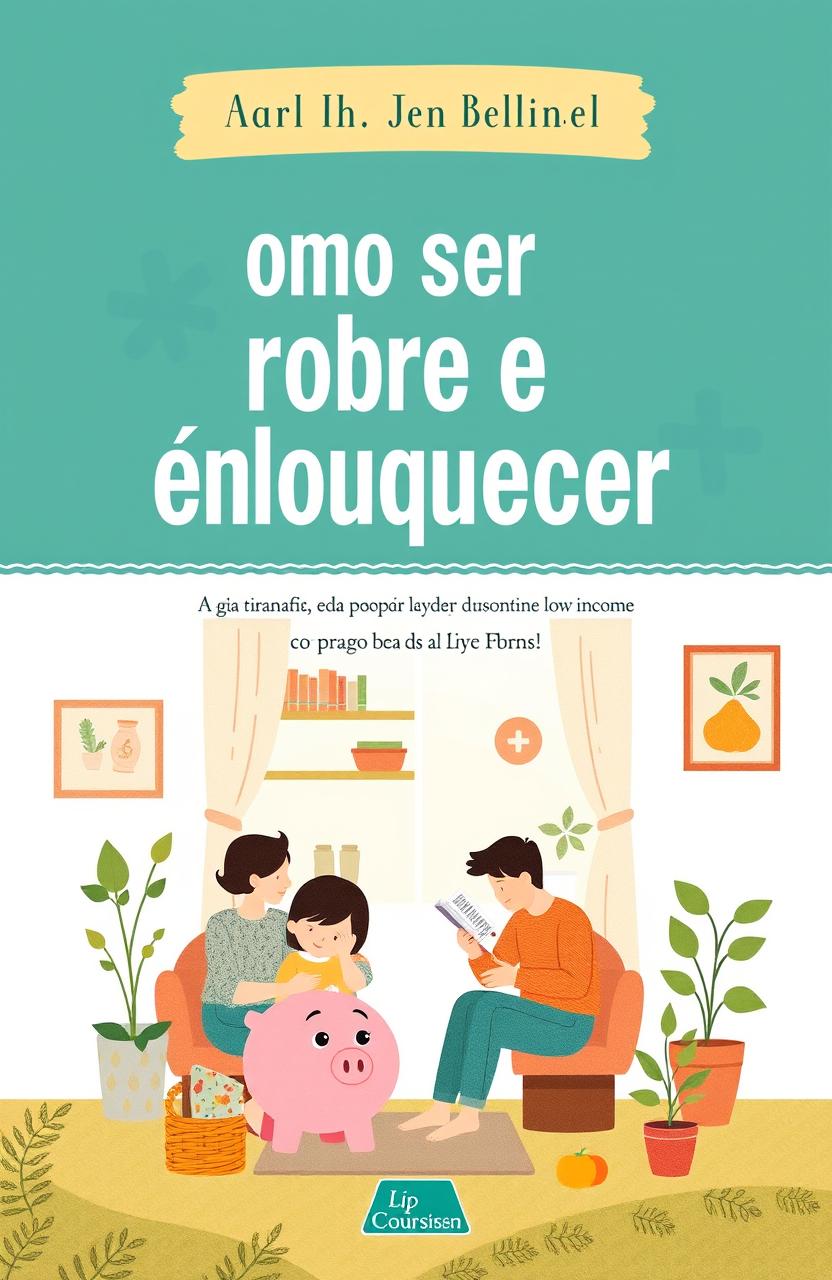 A visually striking graphic representation of the book title 'Como ser pobre e não enlouquecer', with an emphasis on themes of financial wisdom, family bonding, and prosperity despite low income