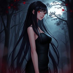 A captivating light novel cover featuring a tall female character with long, glossy black hair that flows elegantly around her
