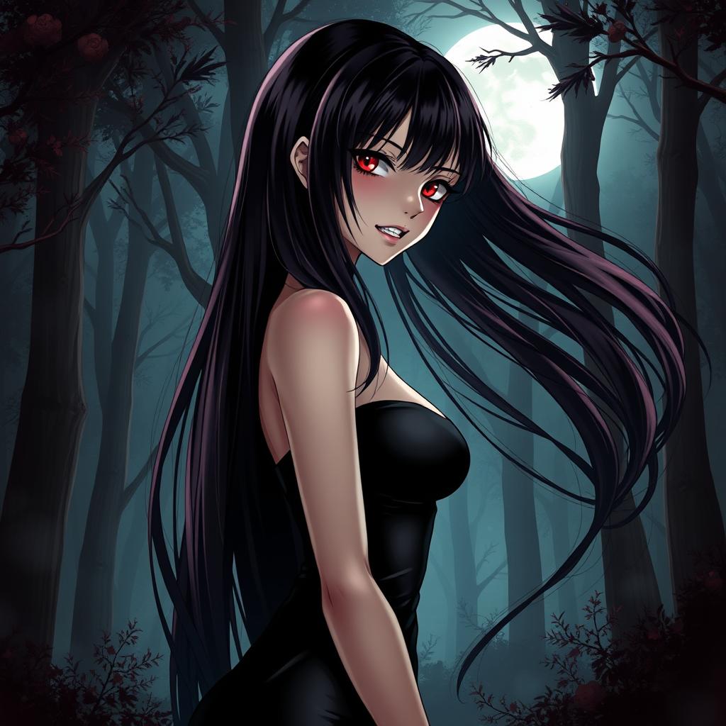 A captivating light novel cover featuring a tall female character with long, glossy black hair that flows elegantly around her