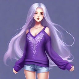 A full body, high-quality digital art image of a cute girl with long, flowing silver hair