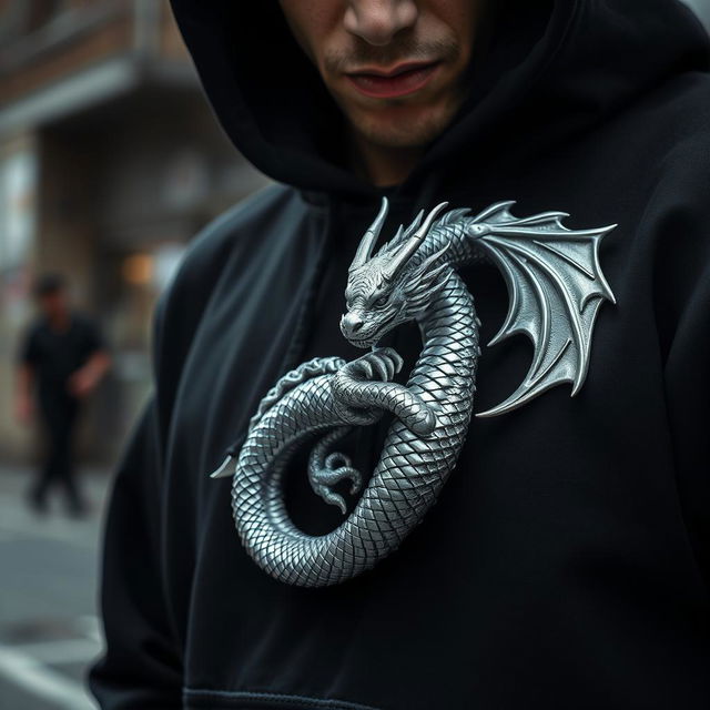 A dramatic close-up of a person wearing a black hoodie, featuring a striking silver dragon intricately wrapped around their hand